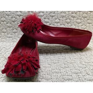 L.K. Bennett Flats Womens 7 Red Suede Flower Feather Trim Shoes 37 Ballet